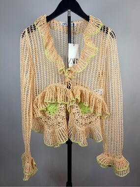 Zara Beige Crochet Ruffle Cardigan with Lime Trim